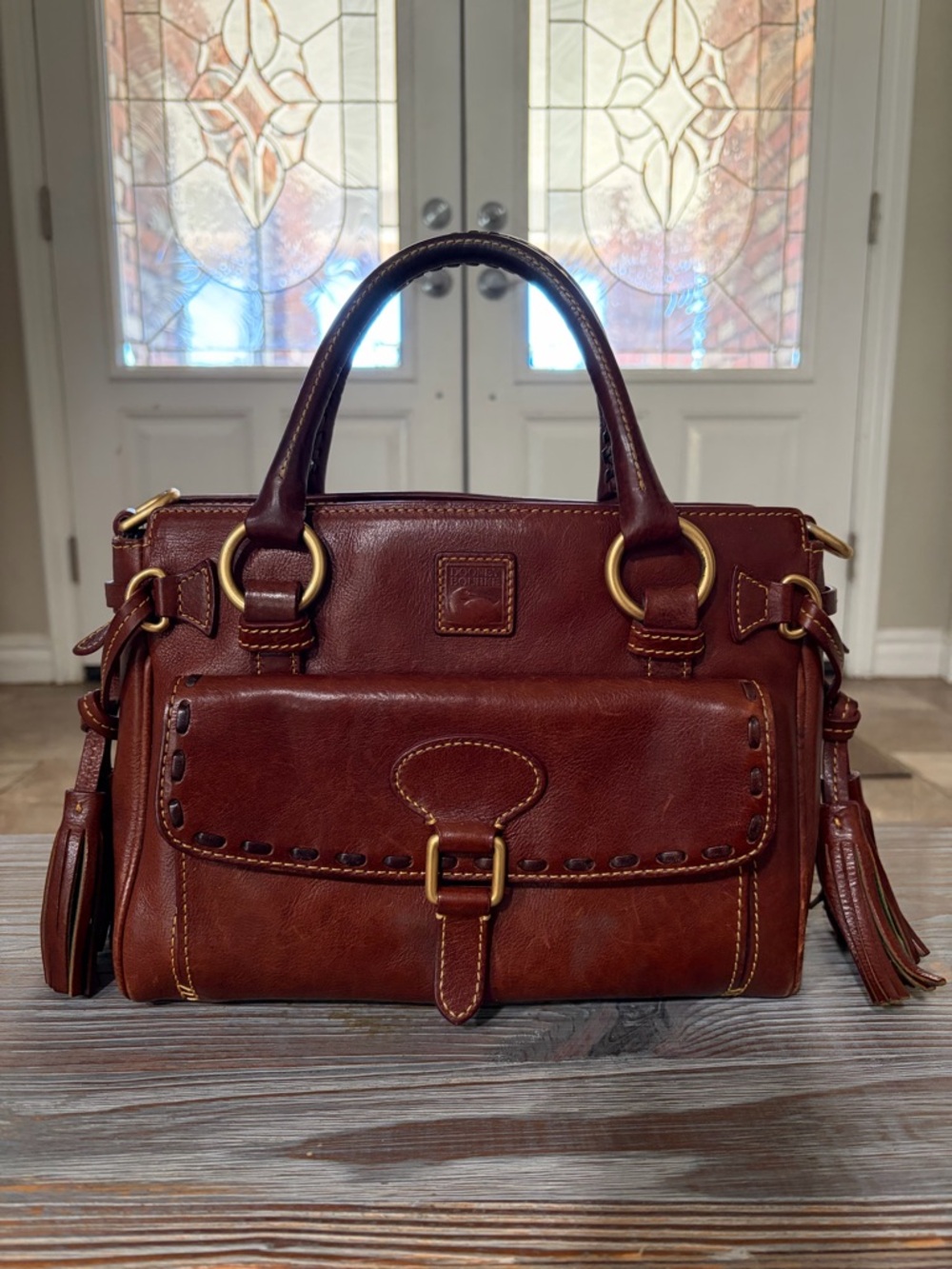 Classic Brown Leather Florentine Satchel Handbag - Dooney & Bourke